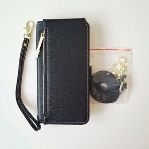 Samsung A35 5G Black Wallet Phone Case with Gold Accents and strap